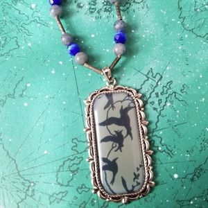 Birds in flight necklace silver tone blue beaded handmade